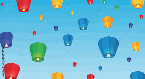 Colorful lanterns floating in the sky during a festive celebration at dusk from a low angle viewpoint