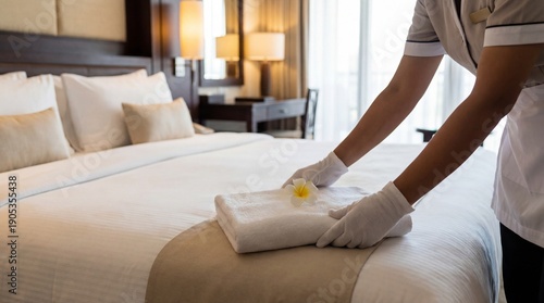Hotel Room Preparation: A hotel staff meticulously prepares a guest room, arranging fresh towels on a bed in anticipation of a welcoming stay. This scene embodies impeccable service and hospitality.