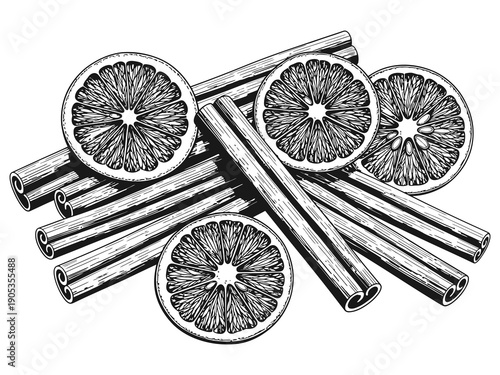 Dried orange slices and cinnamon sticks