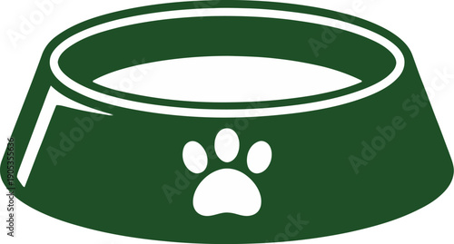 Green Pet Food Bowl with Paw Print Icon, Vector Illustration