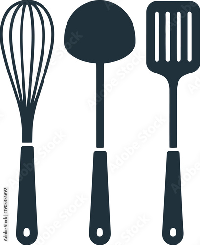 Kitchen Utensils Set: Whisk, Ladle, Spatula - Vector Icons for Cooking