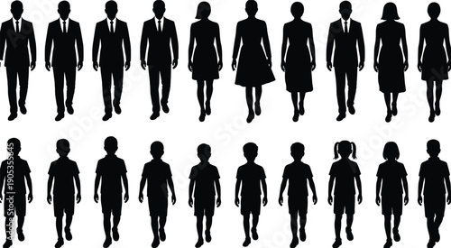 Business people and children silhouettes collection showing men women boys and girls walking isolated on white background for workforce family and society concept
