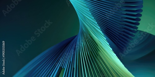 Abstract spiral of layered lines, gradient hues of blue and green, depth effect, on dark background