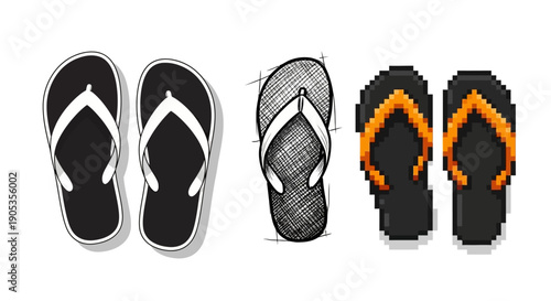 Collection of Diverse Flip-Flop Designs: Vector, Sketch, and Art Styles