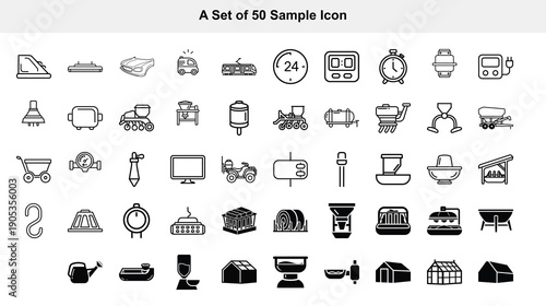 Collection of fifty monochrome icons representing diverse objects and concepts