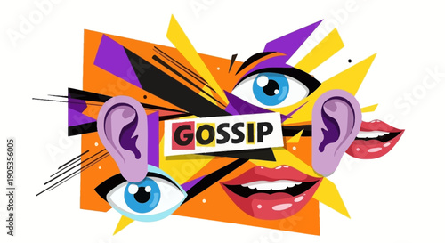 Abstract Collage of Eyes, Ears, and Lips Illustrating the Concept of Gossip