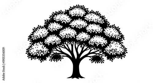 Stylized Black and White Tree Silhouette with Dense, Lush Green Foliage and Branches