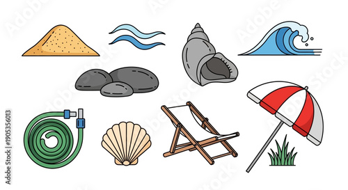 Summer Beach Vacation Icons Set: Sand, Shells, Umbrella, Lounge Chair, and Waves