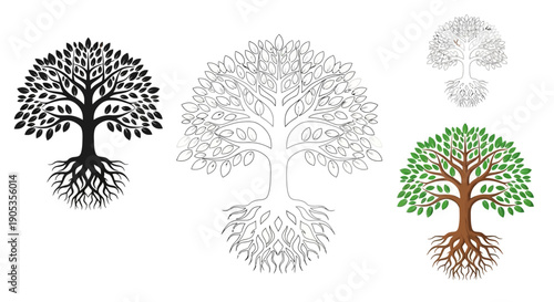 Stylized Tree of Life Vector Illustration with Intricate Roots and Leaves