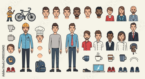 Diverse Character Creator Kit with Various Professions, Objects, and Accessories