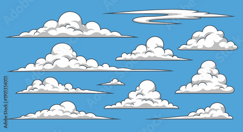 Collection of Fluffy Cumulus and Wispy Stratus Clouds on Blue Sky Background