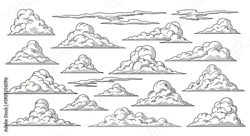 Hand Drawn Sketch Style Clouds Collection on White Background