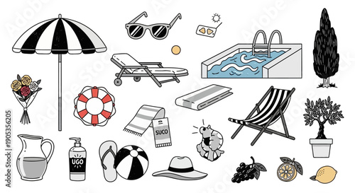 Vector Set of Summer Vacation and Beach Elements, Isolated on White