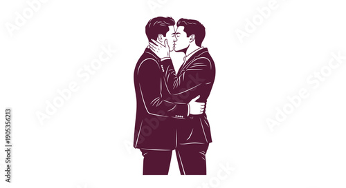 Two men in suits kissing passionately, gay couple, romantic gesture, LGBTQ+ love, vector