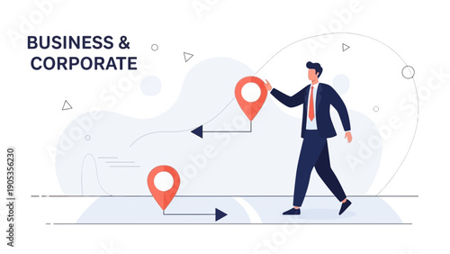 Businessman Walking Towards Destination with Map Pins and Route Line