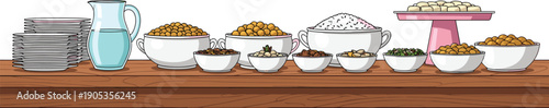 Illustration of Assorted Food Items, Spices, and Bowls Arranged on Wooden Table, Representing Culinary Culture, Buffet, and Meal Preparation