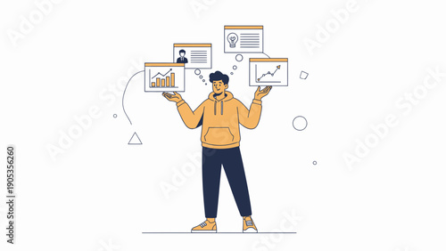 Man holding multiple business strategy concepts, data analysis, idea generation