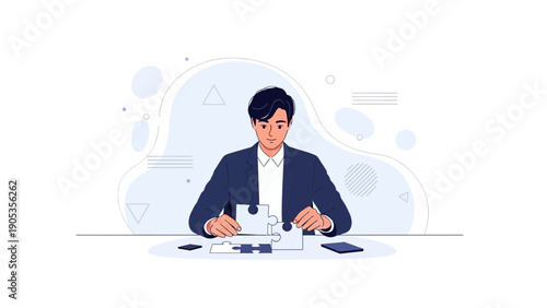 Businessman assembling a jigsaw puzzle, symbolizing problem-solving and strategy