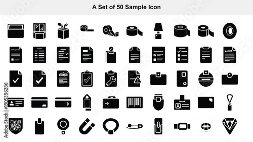 Collection of fifty black monochrome icons representing various objects and concepts