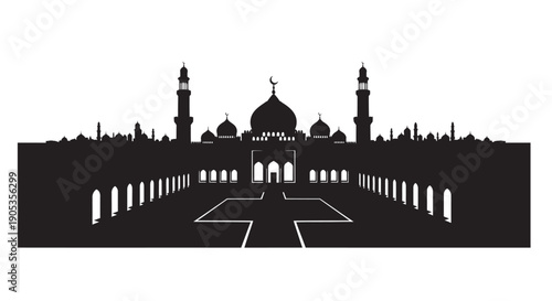 Taj Mahal silhouette with courtyard and minarets in black and white