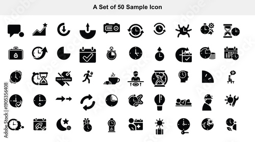 Collection of fifty black glyph icons representing various objects and concepts