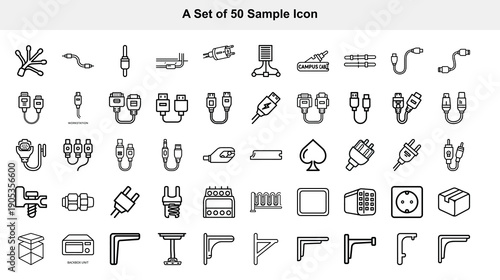 Collection of fifty simple black and white line icons arranged in a grid pattern