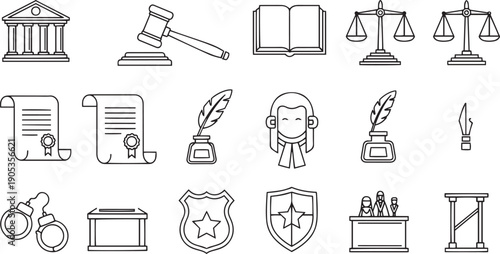 Assorted legal and governmental symbols and icons isolated on white background, 