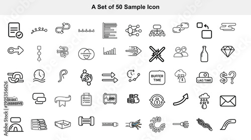 Collection of fifty simple black and white line icons depicting various objects