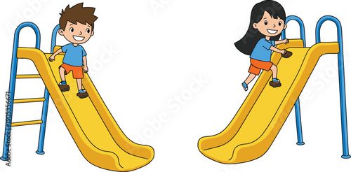 Happy cartoon kids playing on yellow playground slides, boy sliding down, girl climbing slide, outdoor fun, children enjoying playtime