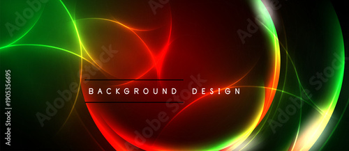 Abstract vibrant design. Glowing lines, shapes blend into red, green gradients. Dark background emphasizes luminosity, modern aesthetic.