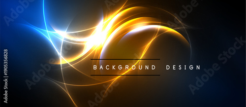 Abstract energy flow. Bright orange, blue light curves create dynamic visual impact. Dark background emphasizes glowing elements. Modern design.
