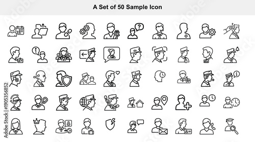Collection of fifty black and white line icons depicting people and objects