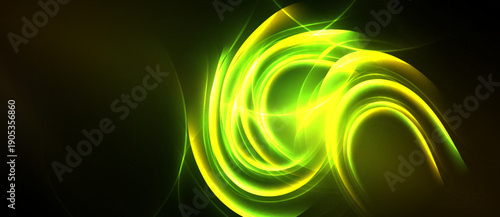 Bright swirling energy forms abstract design. Vivid green, yellow hues contrast dark background. Dynamic, flowing lines create captivating visual effect.