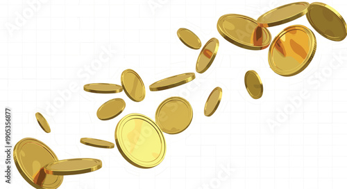 Flying gold coins illustration with shiny metallic currency in dynamic motion isolated on white background in flat vector style for finance and wealth design