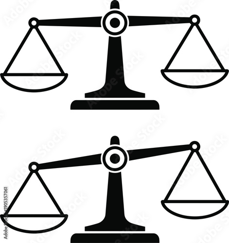 Justice scales icon set vector illustration with balanced law symbols in black silhouette style isolated on white background for legal design