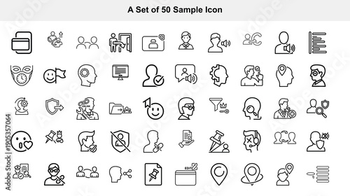 Collection of fifty simple black and white outline icons depicting people and objects