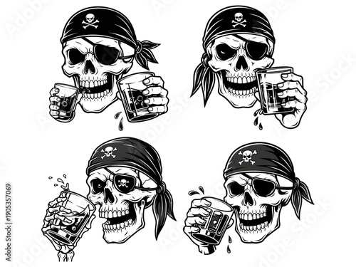 The Pirate Skull Drinks Whiskey Mascot