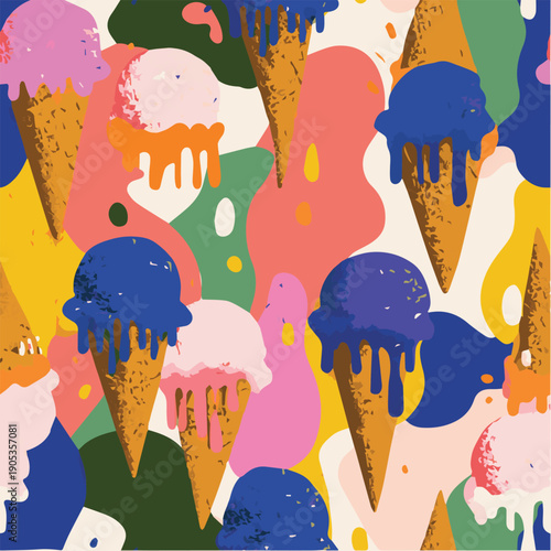 Summer bliss seamless pattern, melting ice cream cones, dripping scoops