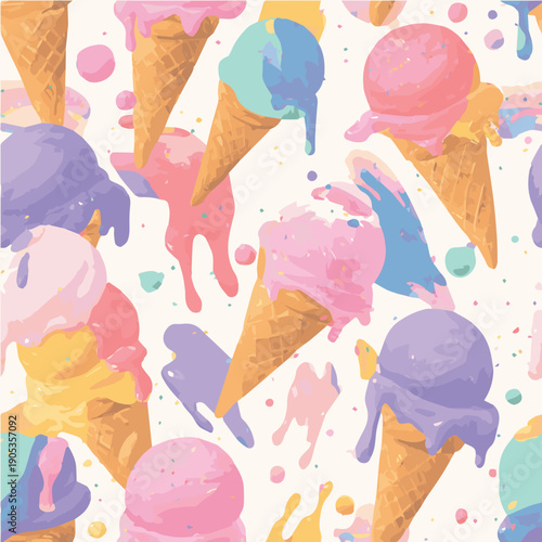 Summer bliss seamless pattern, melting ice cream cones, dripping scoops