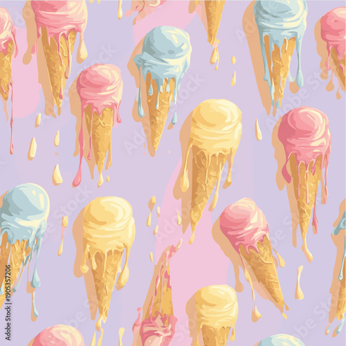 Summer bliss seamless pattern, melting ice cream cones, dripping scoops
