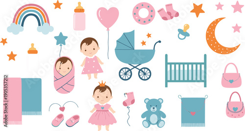 Baby nursery illustration set with newborn essentials, stroller, crib, toys and pastel accessories in flat vector style for child care and baby design
