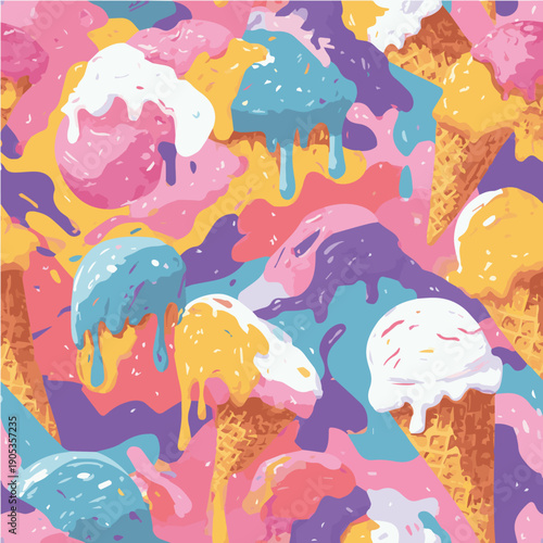 Summer bliss seamless pattern, melting ice cream cones, dripping scoops