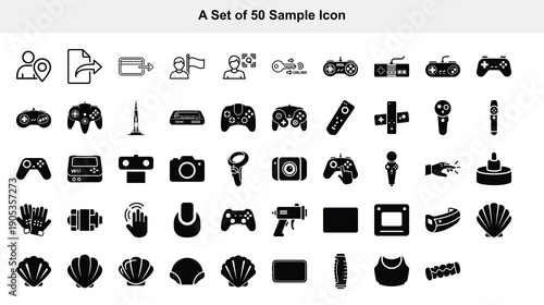 Collection of black silhouette icons representing gaming technology and various objects