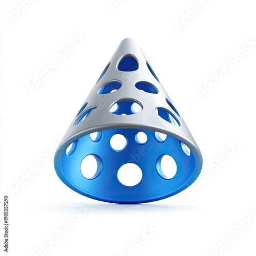 A 3D rendered, cone-shaped object, hollow, with perforations and gradient coloring