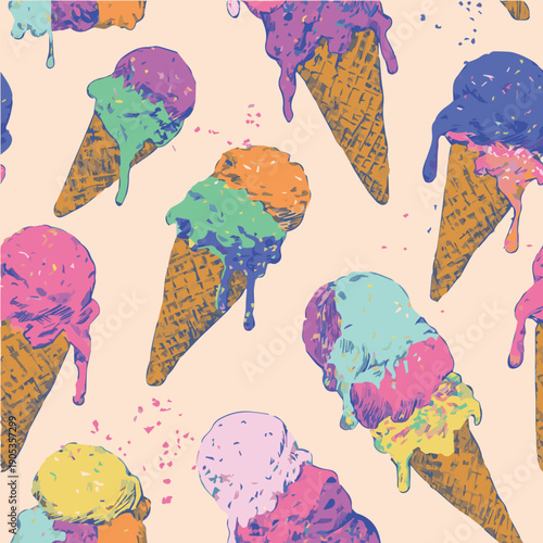 Summer bliss seamless pattern, melting ice cream cones, dripping scoops