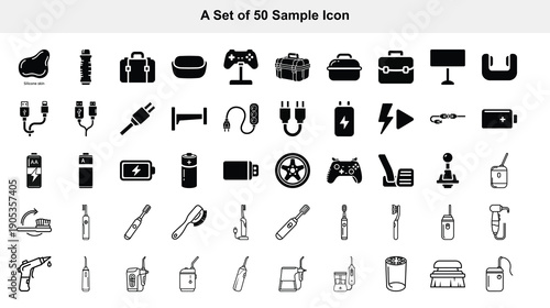 Collection of fifty black and white outlined icons representing various objects and concepts