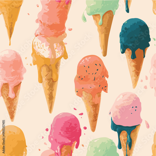 Summer bliss seamless pattern, melting ice cream cones, dripping scoops