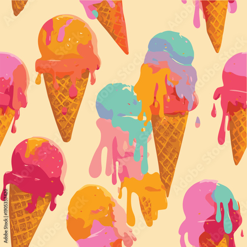 Summer bliss seamless pattern, melting ice cream cones, dripping scoops