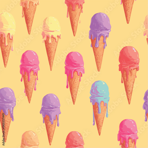 Summer bliss seamless pattern, melting ice cream cones, dripping scoops