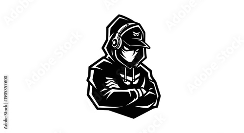 Mysterious Hooded Figure with Headphones and Cap.